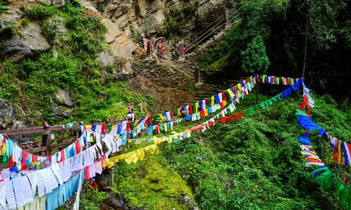 Thimphu Bhutan - Oct 15 2016. Tibetan Buddhist prayer flags hanging at the countryside in Thimphu Bhutan.